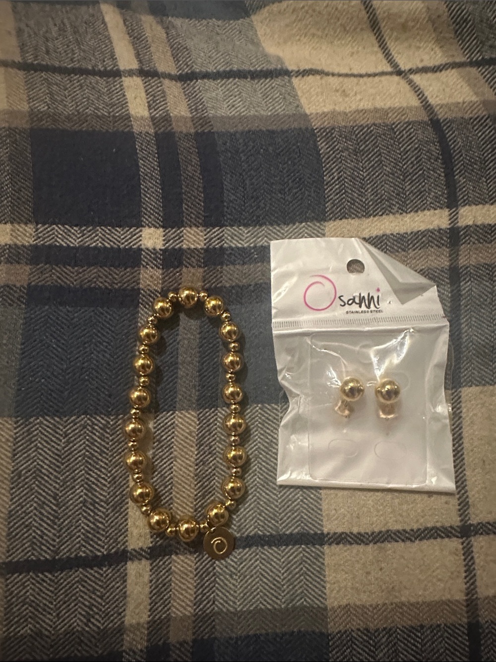 Gold Beaded Stretch Bracelet with Matching Gold Stud Earrings